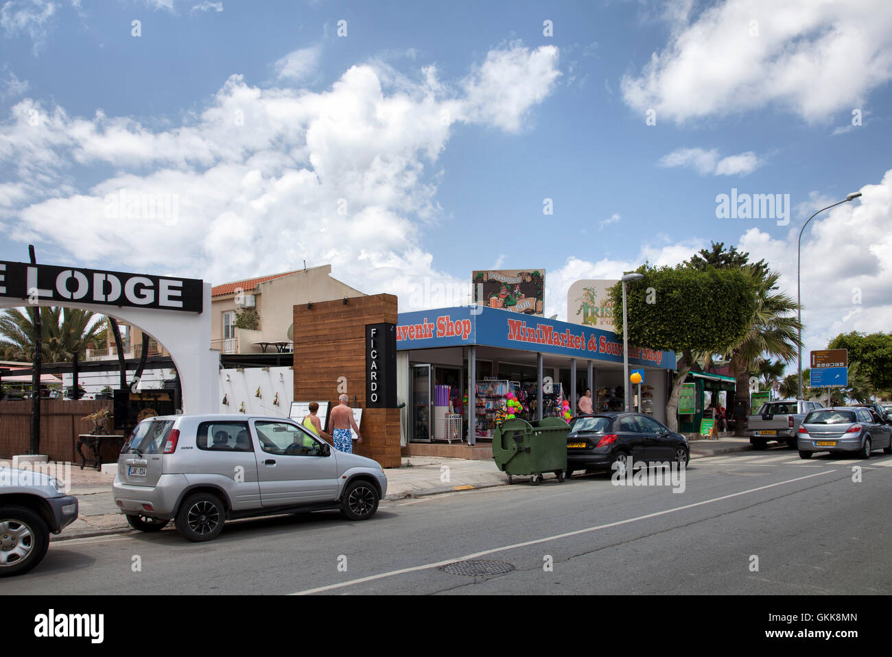 Poseidonos Ave. in Pathos Lined with Restaurants and Shops in Paphos, Cyprus Stock Photo