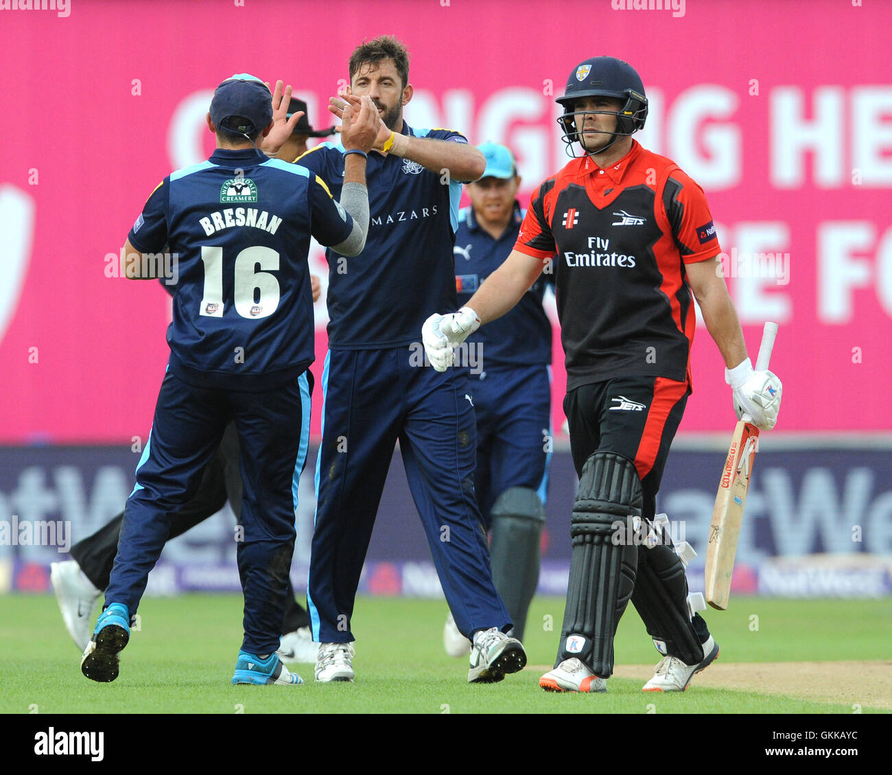 Durham Jets' Ryan Pringle (right) walks off after being dismissed by Yorkshire Vikings Liam Plunkett (centre) during the NatWest T20 Blast Finals Day at Edgbaston, Birmingham. Stock Photo