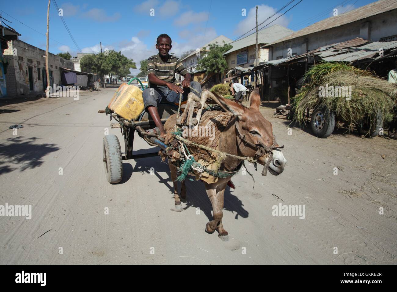 SOMALIA, Kismayo: In a photogaph taken 12 October 2013 and released by the African Union-United Nations Information Support Team 15 October, a man rides a donkey-drawn cart down a street during a patrol by Kenyan soldiers serving with the African Union Mission in Somalia (AMISOM) in the southern Somali port city of Kismayo. October 16 marks two years since the Kenya Defense Force first intervened in Somalia under Operation Linda Nchi - meaning Operation Protect the Country in Kiswahili - following a series of kidnappings and cross-border raids along the Kenya-Somalia border by the Al-Qaeda-aff Stock Photo