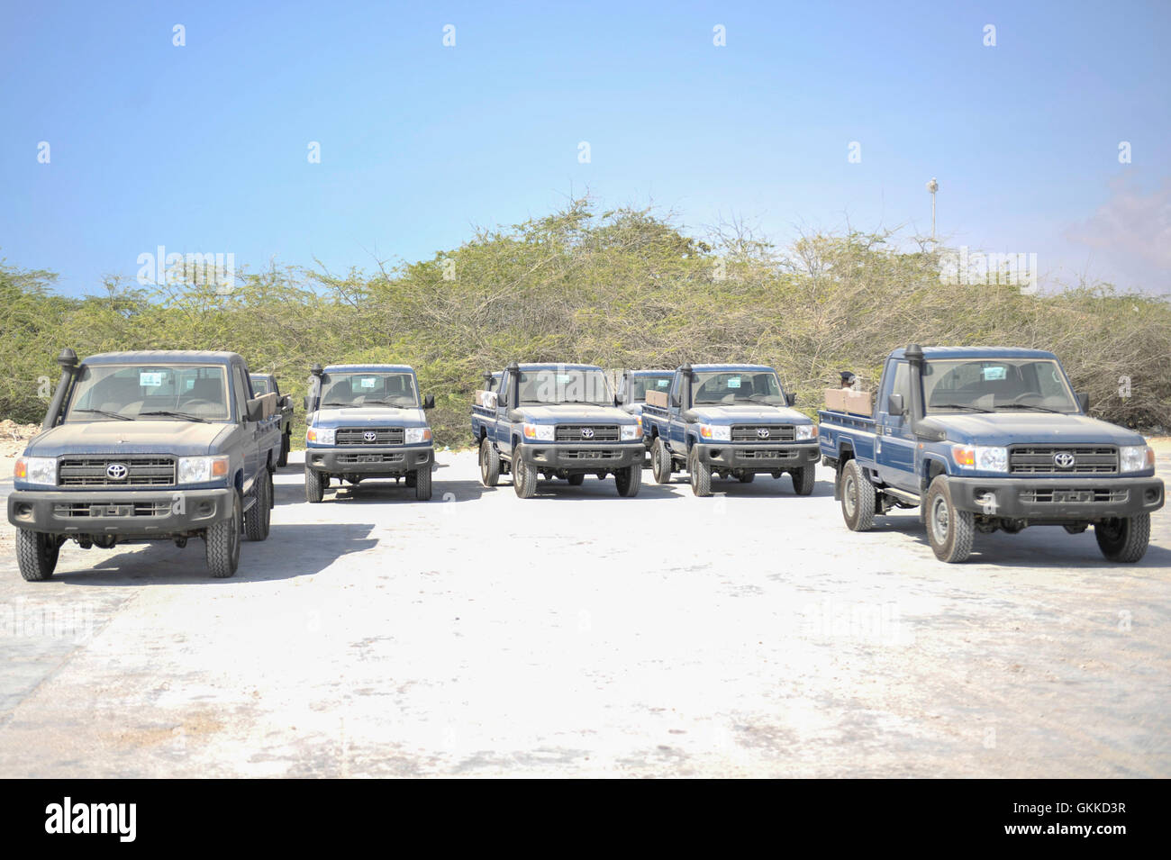 Some of the vehicles donated by the Italian Government to the Somalia National Police through AMISOM during the handover of ten vehicles to the Somali National Police on 1st March 2014. Stock Photo