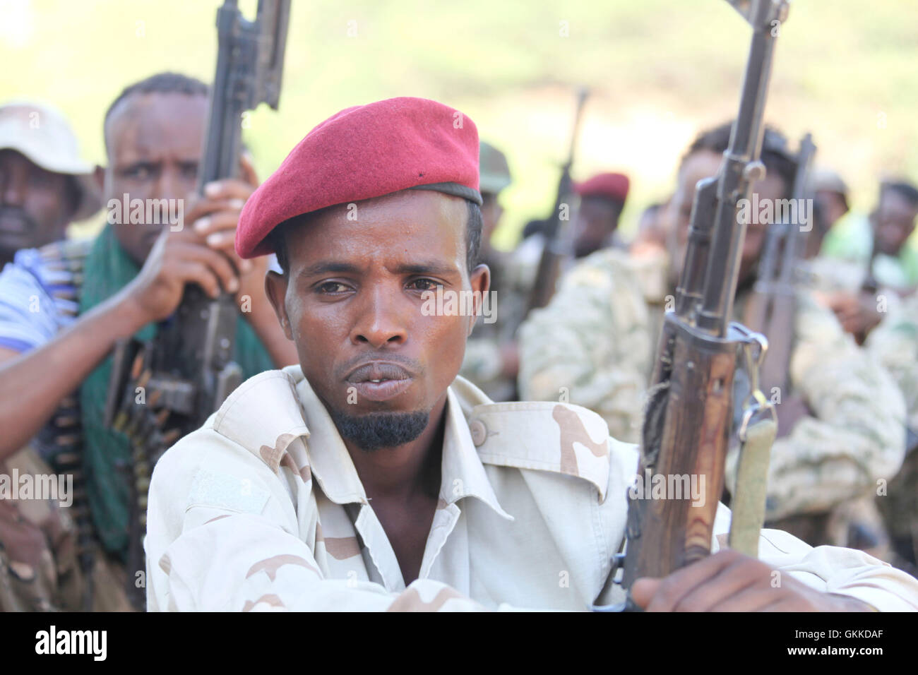 Close up of Somali National Army soldiers after they liberated the town of Bula Burde was with AMISOM forces on 16th March 2014. AU UN IST PHOTO / Ilyas A. Abukar Stock Photo