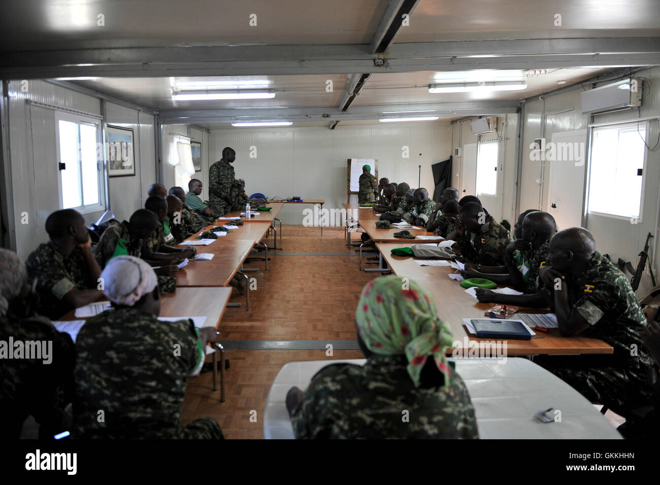 Newly deployed African Union Mission in Somalia (AMISOM) peacekeepers from the Ugandan contingent at a workshop on gender issues in line with the mission’s pre-deployment procedures. The workshop was held in Mogadishu, Somalia from  March 09 to March 13 2015.The trainees comprised of 40 recently deployed female and male army officers in Sector One, under the control of the Uganda Peoples Defence Forces. AMISOM Photo / Ilyas Ahmed Stock Photo