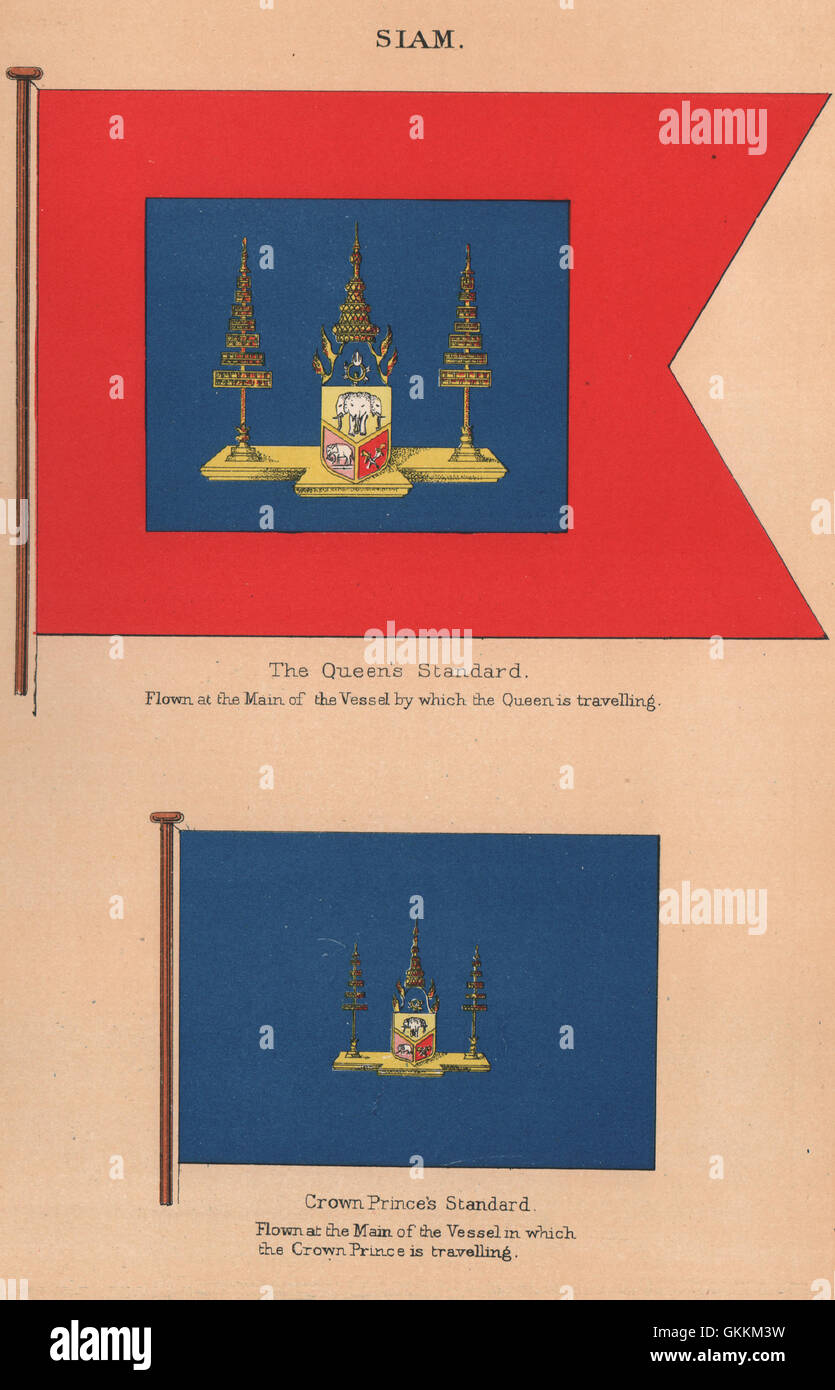 SIAM FLAGS. The Queen's Standard. Crown Prince's Standard. Thailand, 1916 Stock Photo