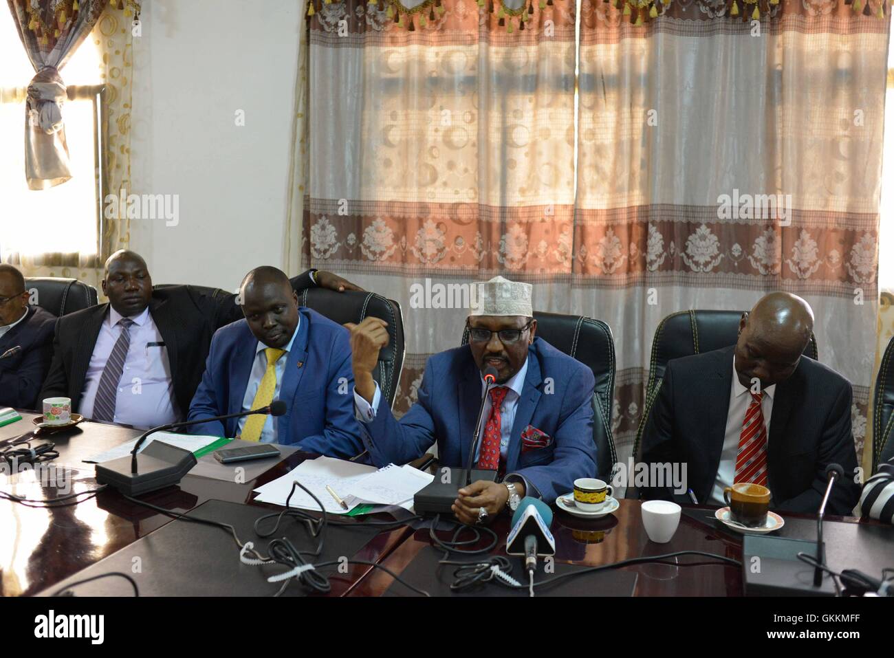 On August 18, 2015, Barre Shill, Deputy Chairman of the Kenya Parliamentary Defence Committee, met with Somali counterparts at Villa Hargeisa in Mogadishu. The meeting focused on strengthening defense cooperation between Kenya and Somalia to support security and peacebuilding efforts in the region. AMISOM Photo / Omar Abdisalam Stock Photo