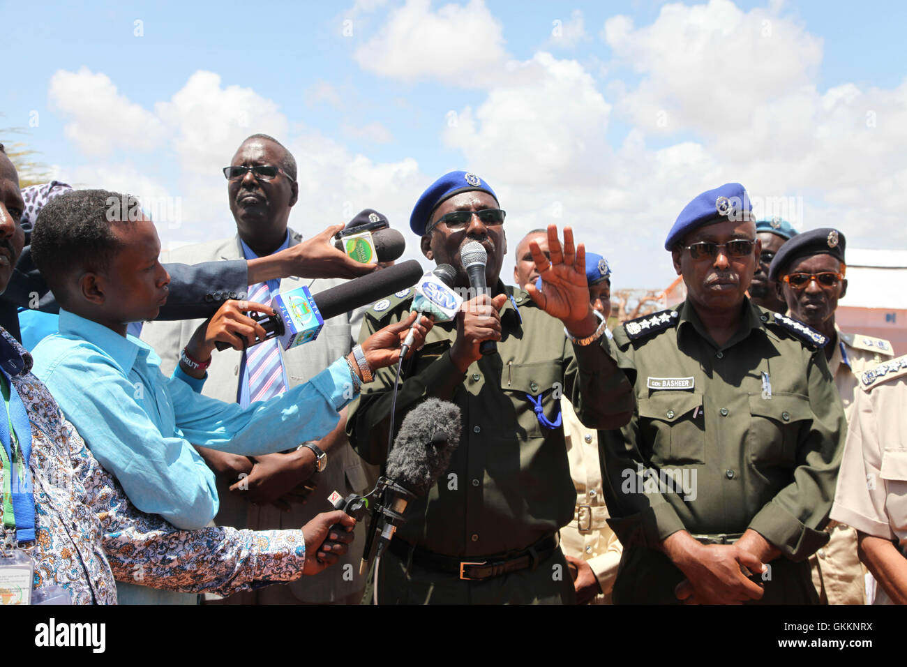 The Somali Police Commissioner, Mj. Gen. Mohamed Sheikh Hassan Hamud, speaks during the opening of the SPF Training School in Kismayo, Somalia, on October 22, 2015. AMISOM Photo/ Mohamed Barut Stock Photo