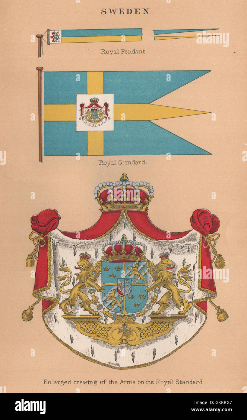 SWEDEN FLAGS. Royal Pendant. Royal Standard. Enlarged drawing of the Arms, 1916 Stock Photo