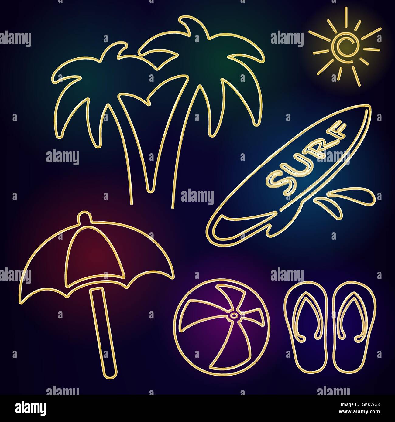 Vector Neon Beach Icons Stock Vector