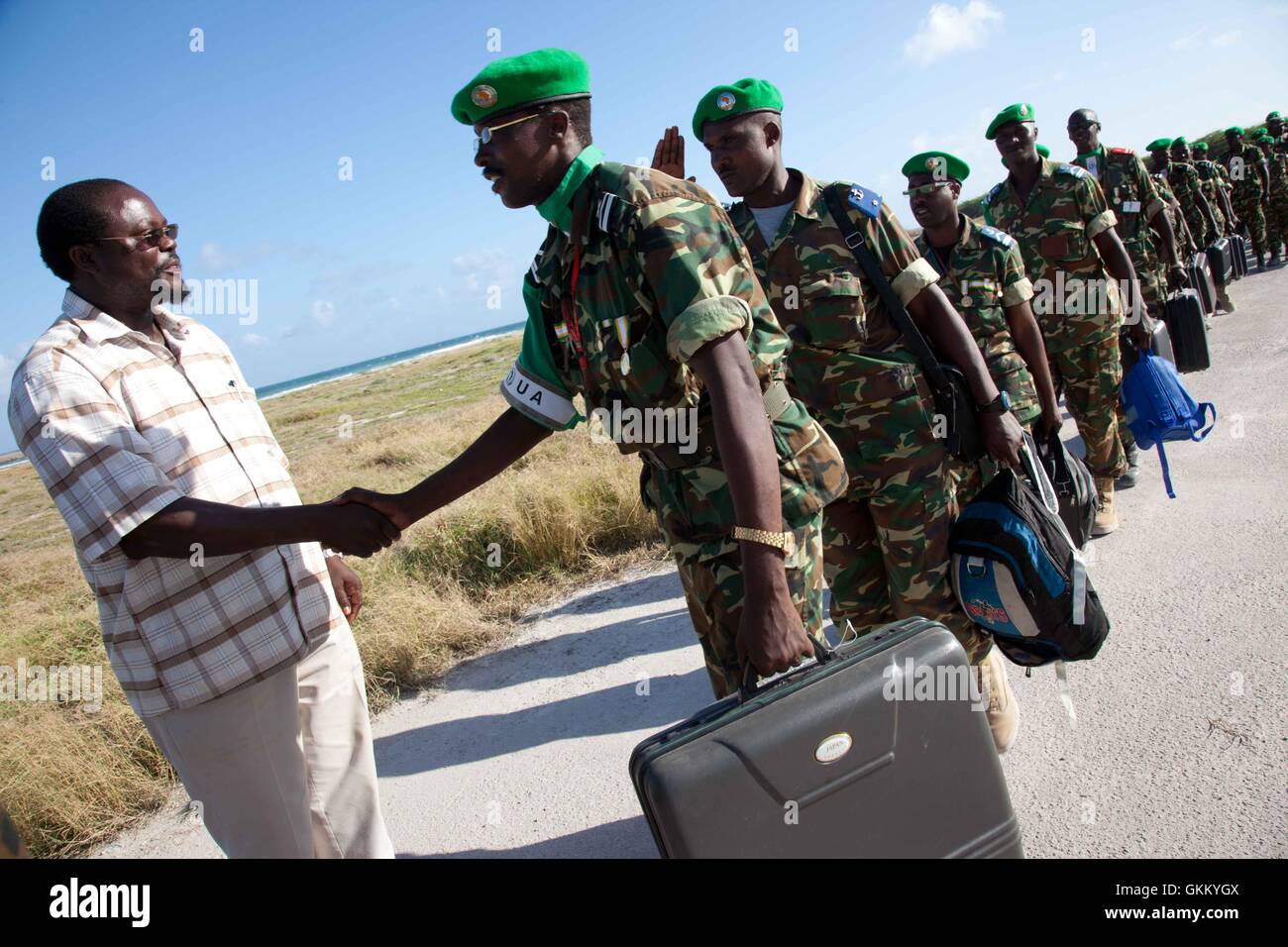 12/09/2011 - Mogadishu Airport, Somalia - Wafula Wamuniyi, Deputy Special Representative for AMISOM thanks departing Burundian troops for their service at Mogadishu Airport Stock Photo