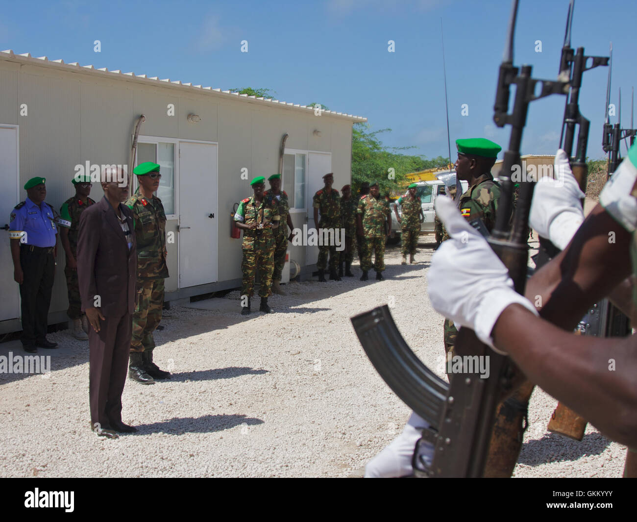 Defence Minister Burundi greeted by Guard of Honour at Force HQ AMISOM. He then visited Burundi Camps including Jazeera Camp for the training of Somali recruits. Stock Photo