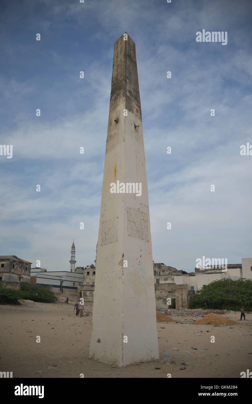 A monument erected by the Italian colonists, but later used as an execution post by the terrorist organization al-Shabab, stands on the beach just outside of Merca, Somalia, on 2 February. Located approximately 70km southwest of Mogadishu, Merca is an ancient port city  that was established in the 5th century and was a popular holiday destination before civil war erupted in Somalia in 1991. AU-UN IST PHOTO / TOBIN JONES. Stock Photo