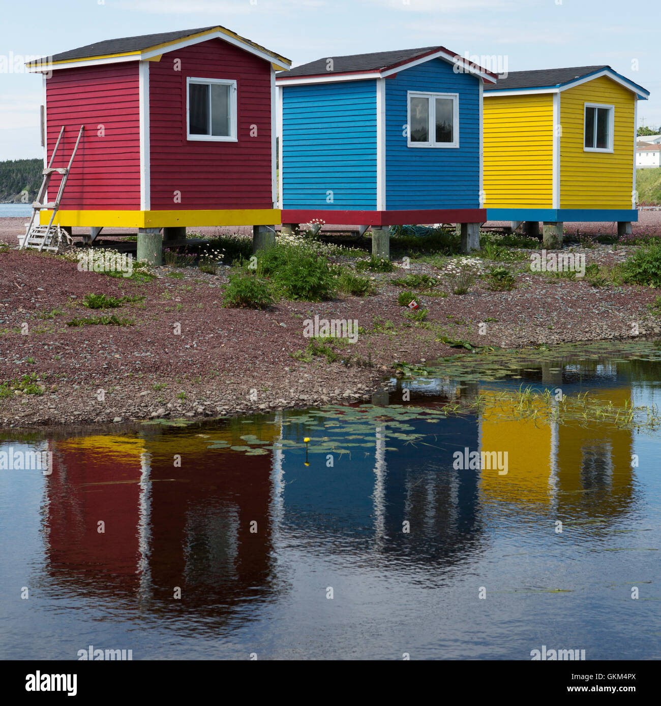 Colourfully painted cabins reflecting in a pond at Heart's Delight