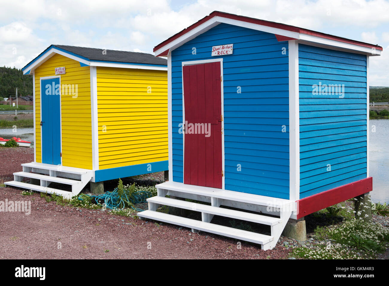 Colourfully painted cabins at Heart's Delight-Islington in Newfoundland and Labrador, Canada. Stock Photo