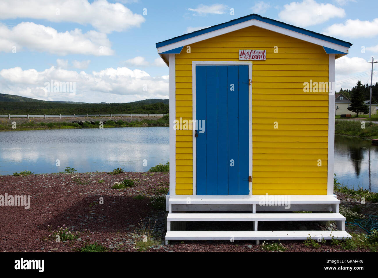 Colourfully painted cabin at Heart's Delight-Islington in Newfoundland and Labrador, Canada. Stock Photo