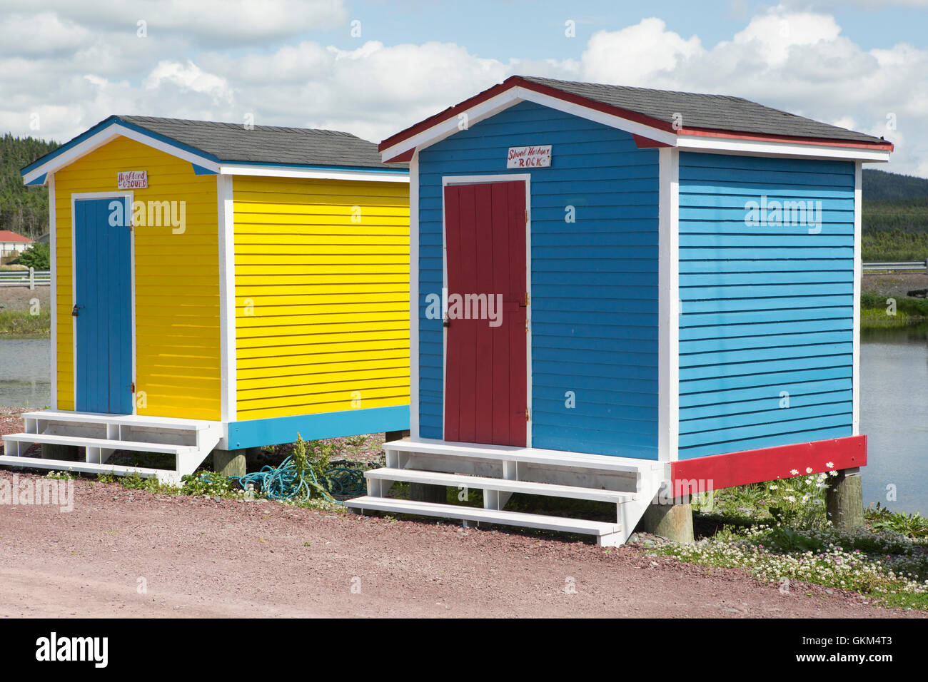 Colourfully painted cabins at Heart's Delight-Islington in Newfoundland and Labrador, Canada. Stock Photo