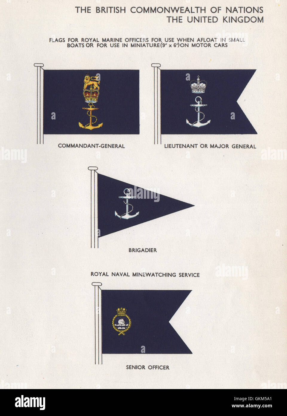 BRITISH ROYAL MARINE FLAGS. Commandant-General. Lt. Brigadier. Minewatching 1958 Stock Photo