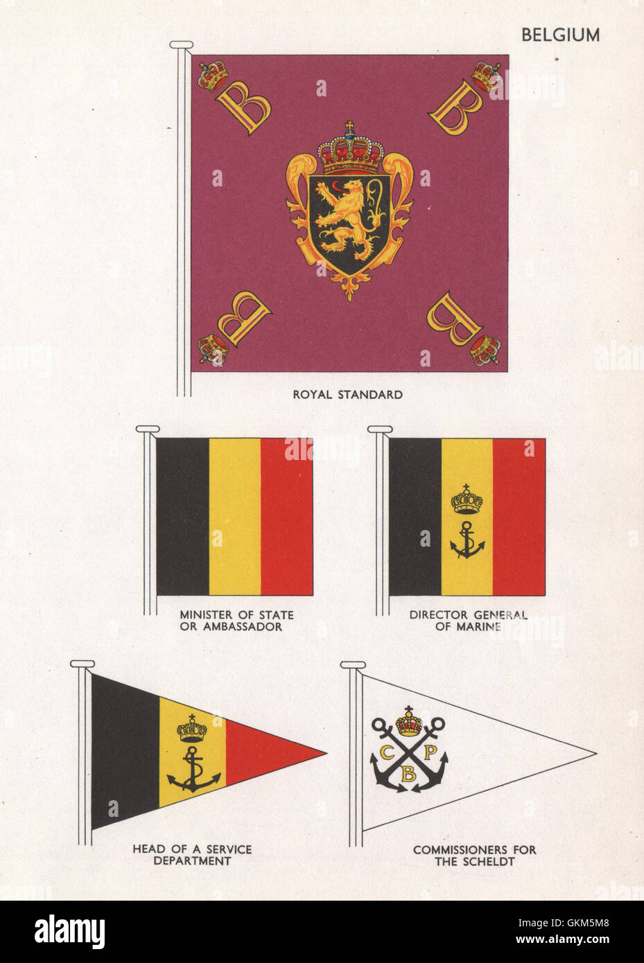 BELGIUM FLAGS. Royal Standard. Minister of State. Scheldt Commisioners, 1958 Stock Photo