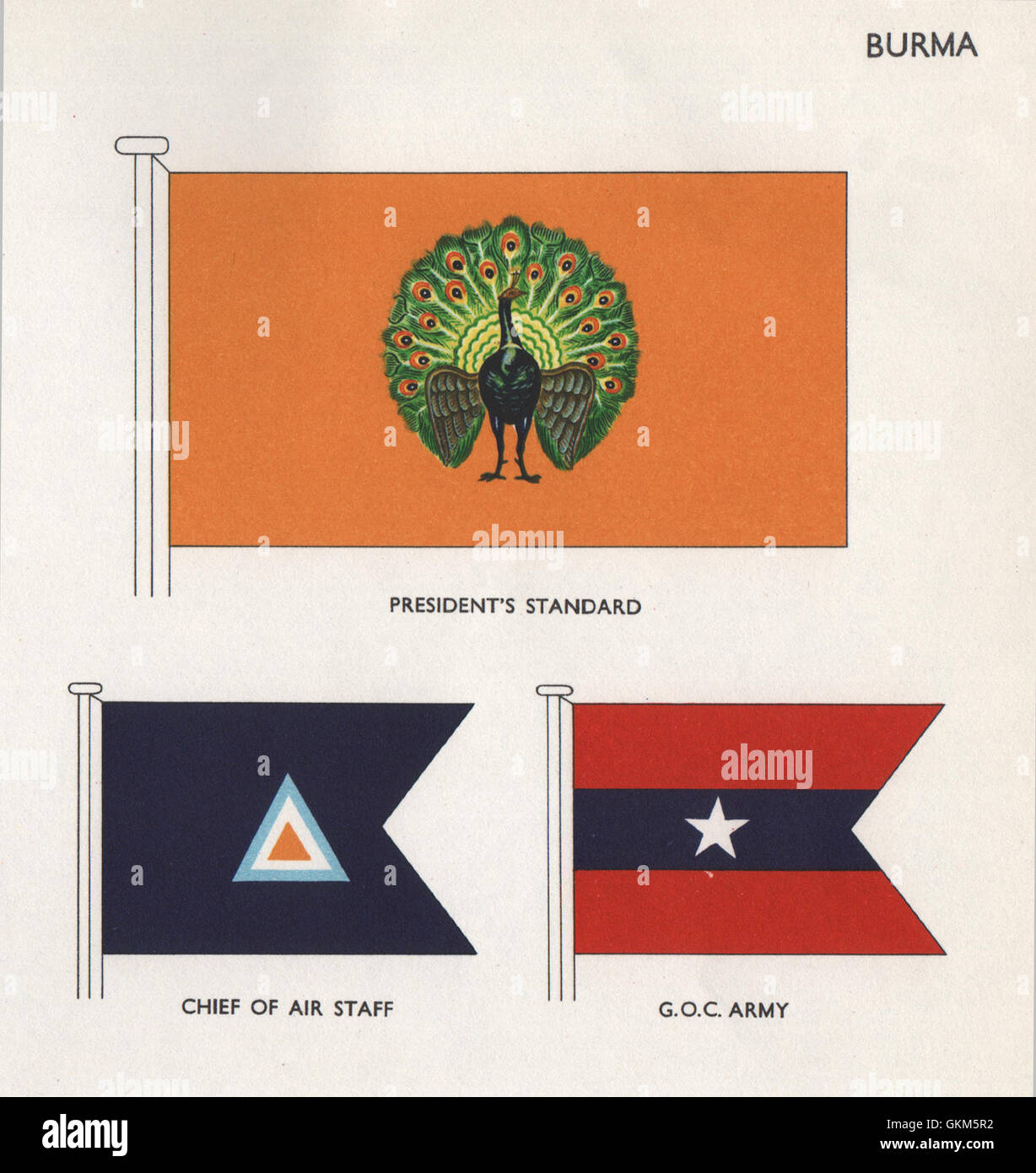 BURMA FLAGS. President's Standard. Chief of Air Staff. G.O.C. Army, print 1958 Stock Photo