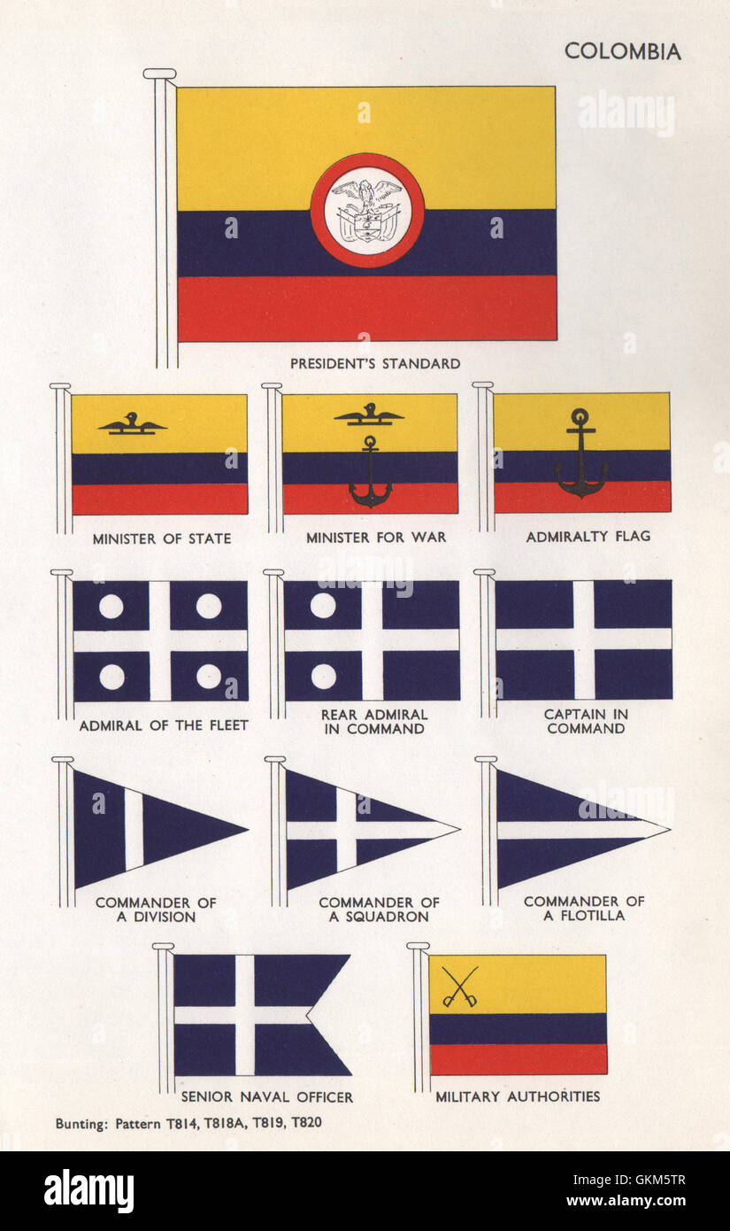 COLOMBIA FLAGS. President's Standard. Minister of State/for War. Admiralty, 1958 Stock Photo