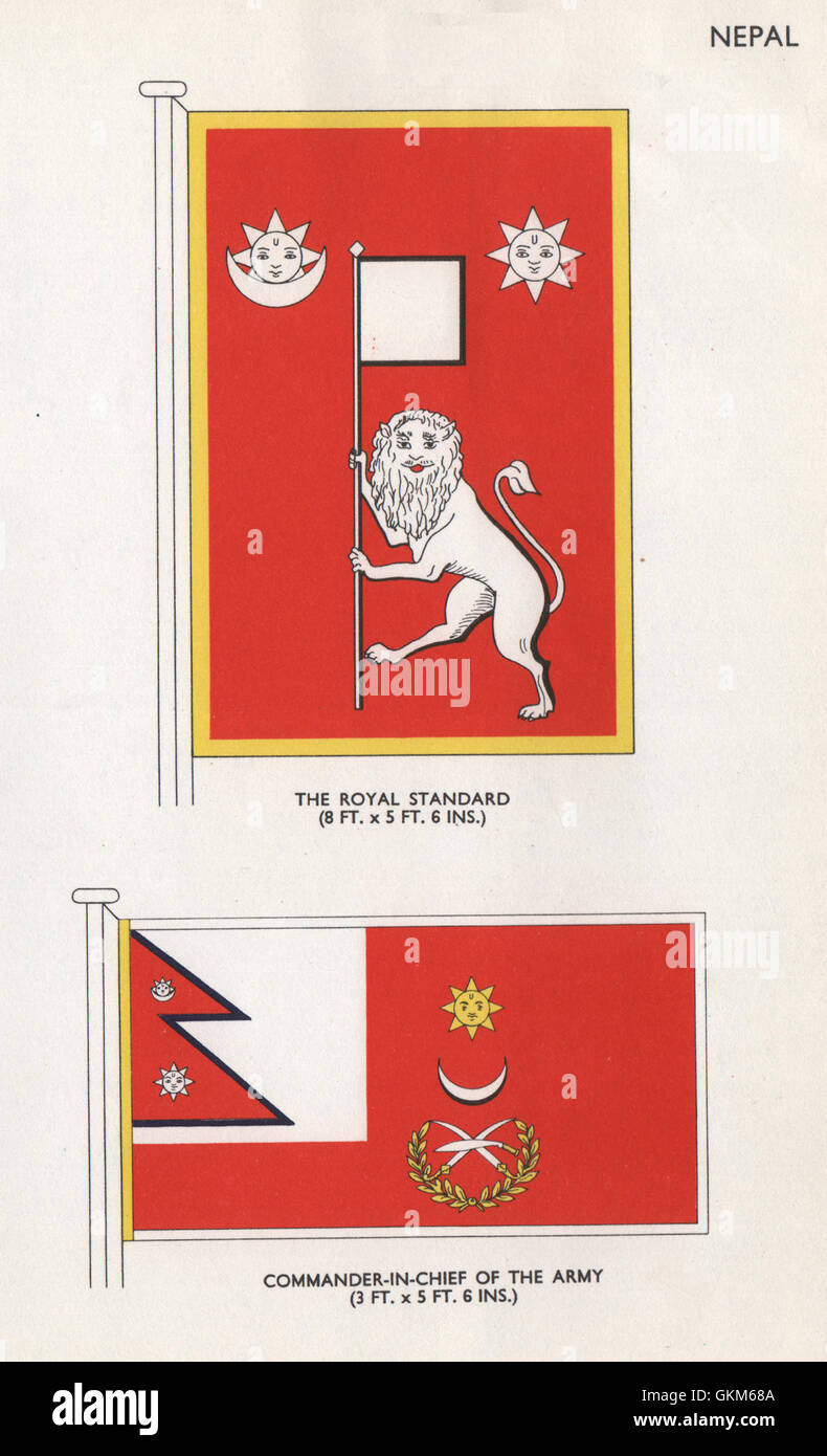 NEPAL FLAGS. The Royal Standard. Commander-in-Chief of the Army, print 1958 Stock Photo