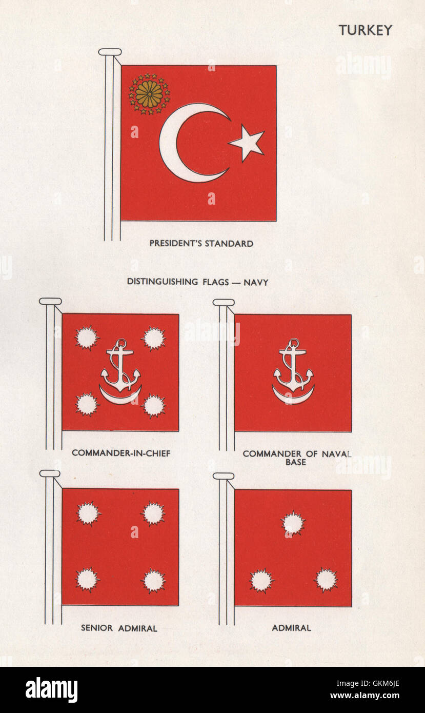 TURKEY NAVY FLAGS. President's Standard. Commander. Admiral, old print 1958 Stock Photo