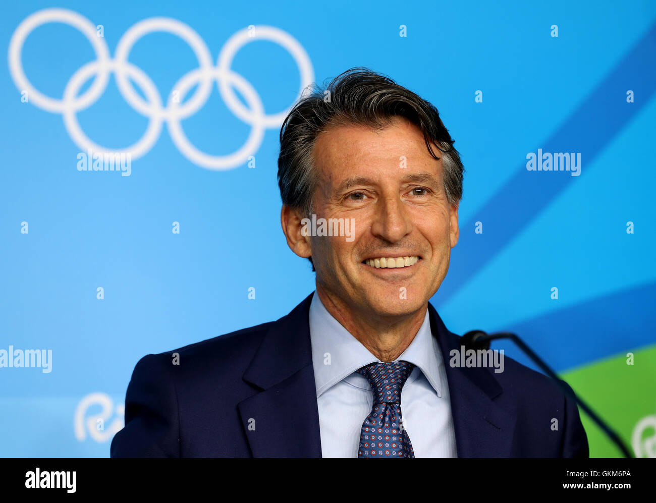 IAAF president Sebastian Coe during a press conference at the Olympic Stadium on the fifteenth day of the Rio Olympic Games, Brazil. Stock Photo