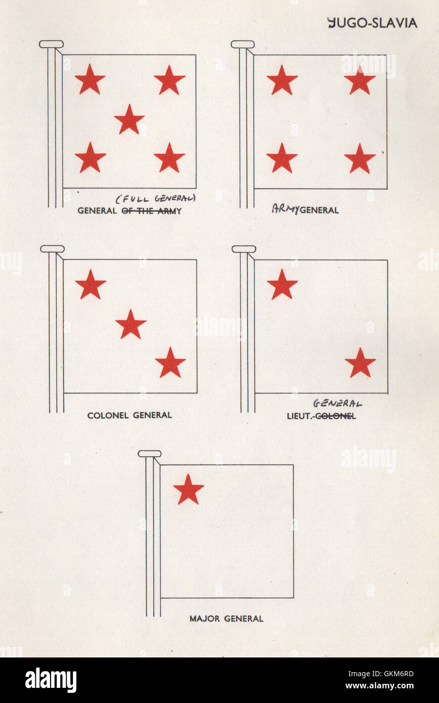 YUGOSLAVIA FLAGS. General. Colonel General. Lieut-Colonel. Major general, 1958 Stock Photo