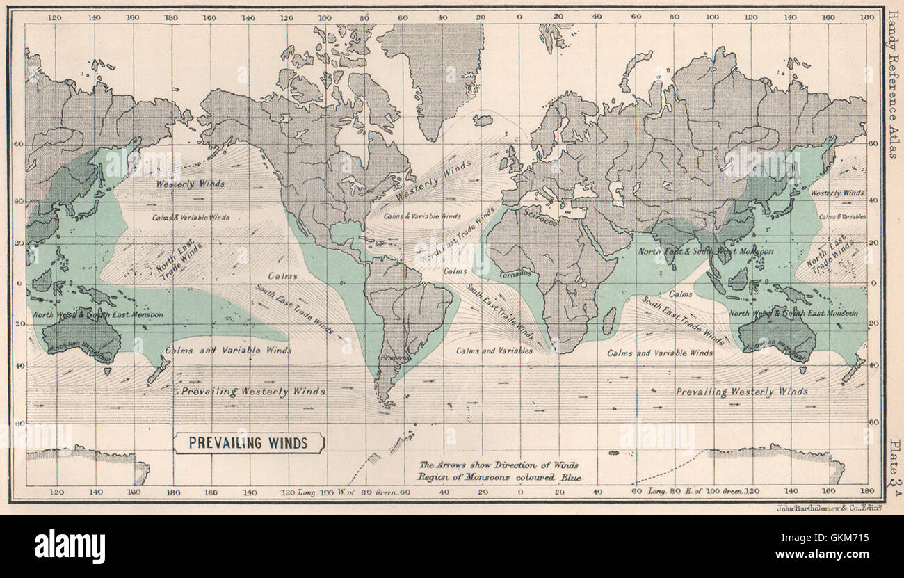 Prevailing winds hi res stock photography - World Prevailing Winds Bartholomew 1904 Antique Map GKM715