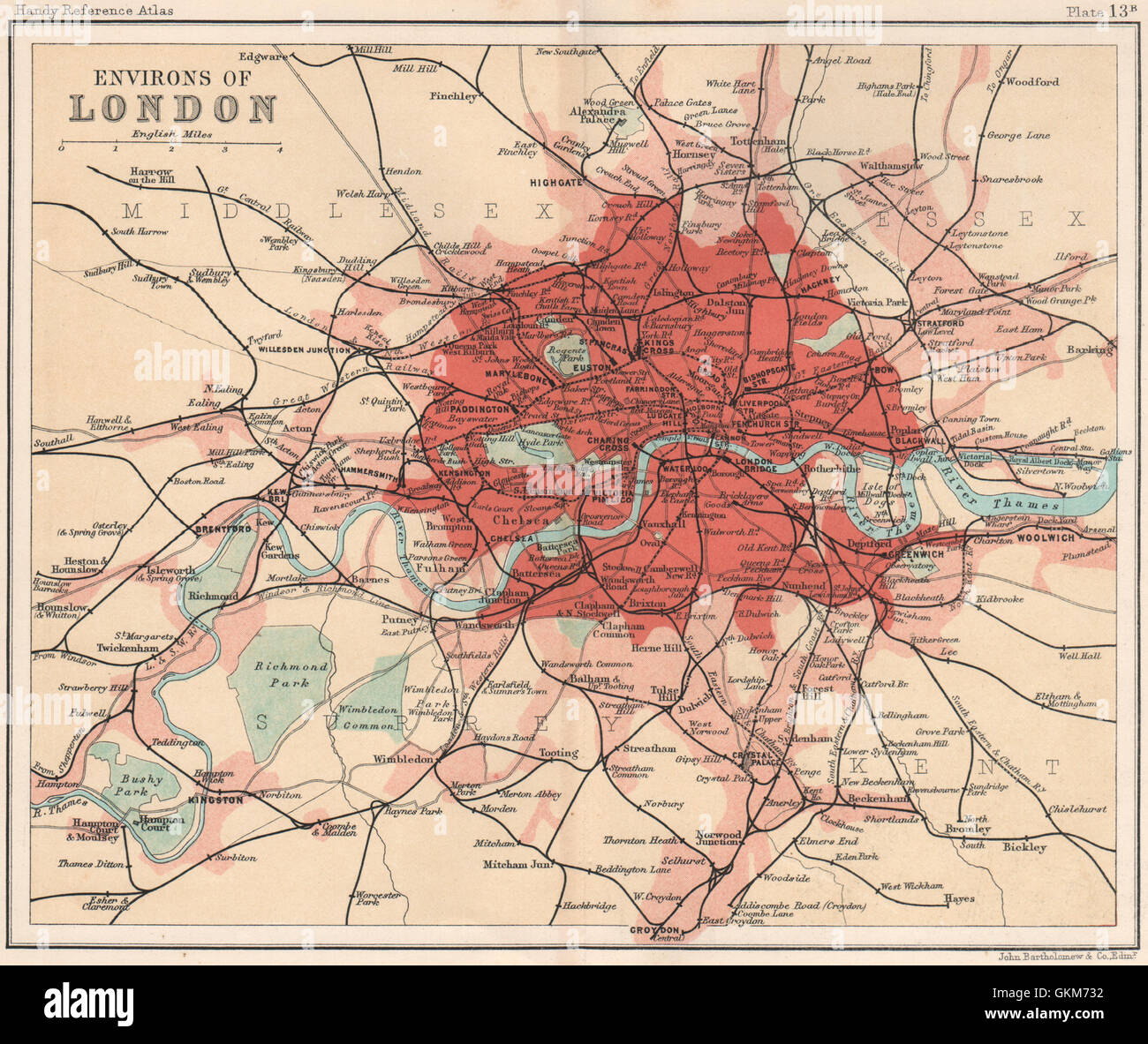 Greater London railways. BARTHOLOMEW, 1904 antique map Stock Photo