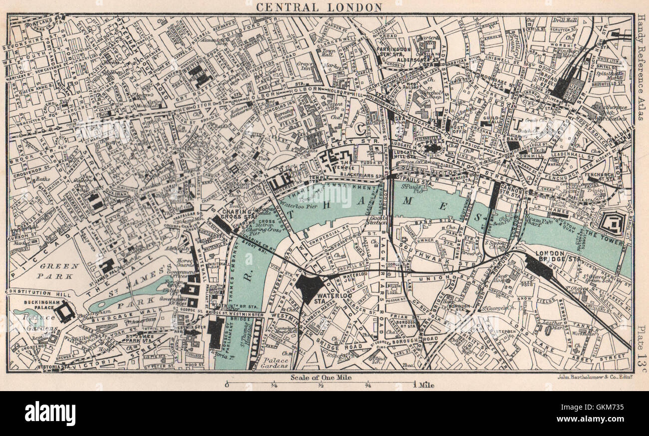 Central London town/city plan. BARTHOLOMEW, 1904 antique map Stock Photo