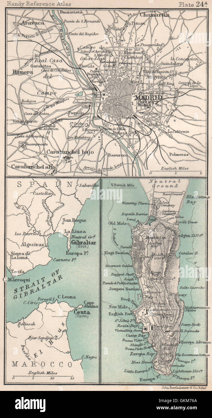 Environs of Madrid & Gibraltar. Spain. BARTHOLOMEW, 1904 antique map Stock Photo