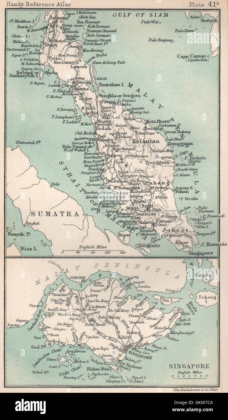 Malay Peninsula & Singapore island. Malaysia. BARTHOLOMEW, 1904 antique map Stock Photo