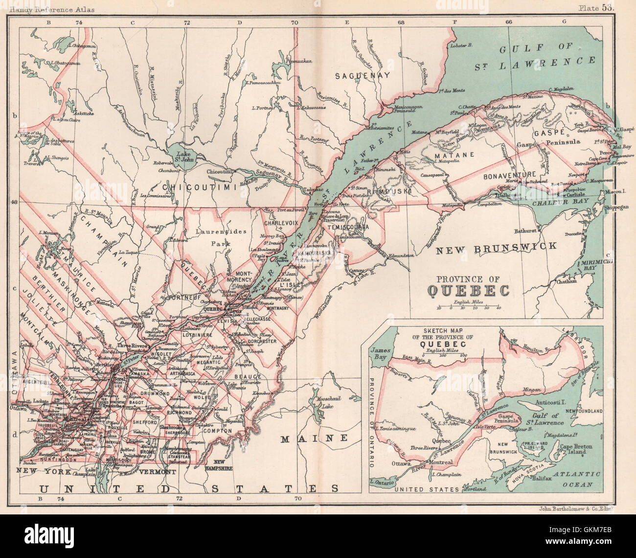 Province of Quebec. Canada. BARTHOLOMEW, 1904 antique map Stock Photo