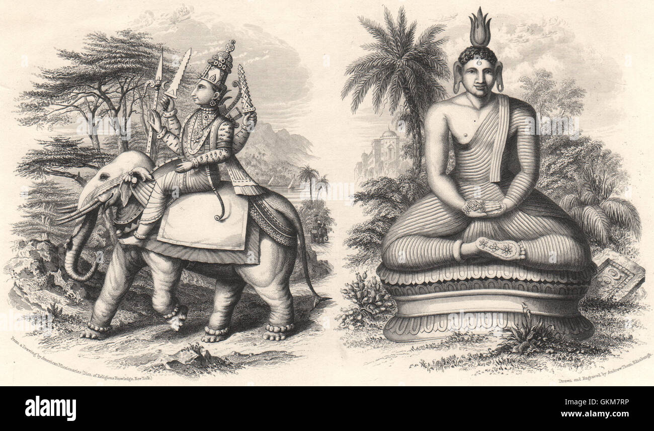 Oriental Divinities. Indra, the Hindu god of light. Cotama Buddha, print 1840 Stock Photo