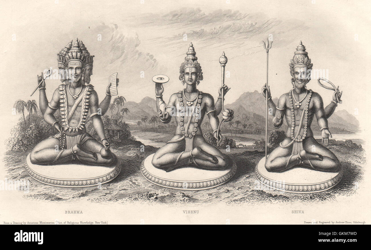 The Trimurti or Hindu Trinity; Brahma; Vishnu; Shiva, antique print 1840 Stock Photo