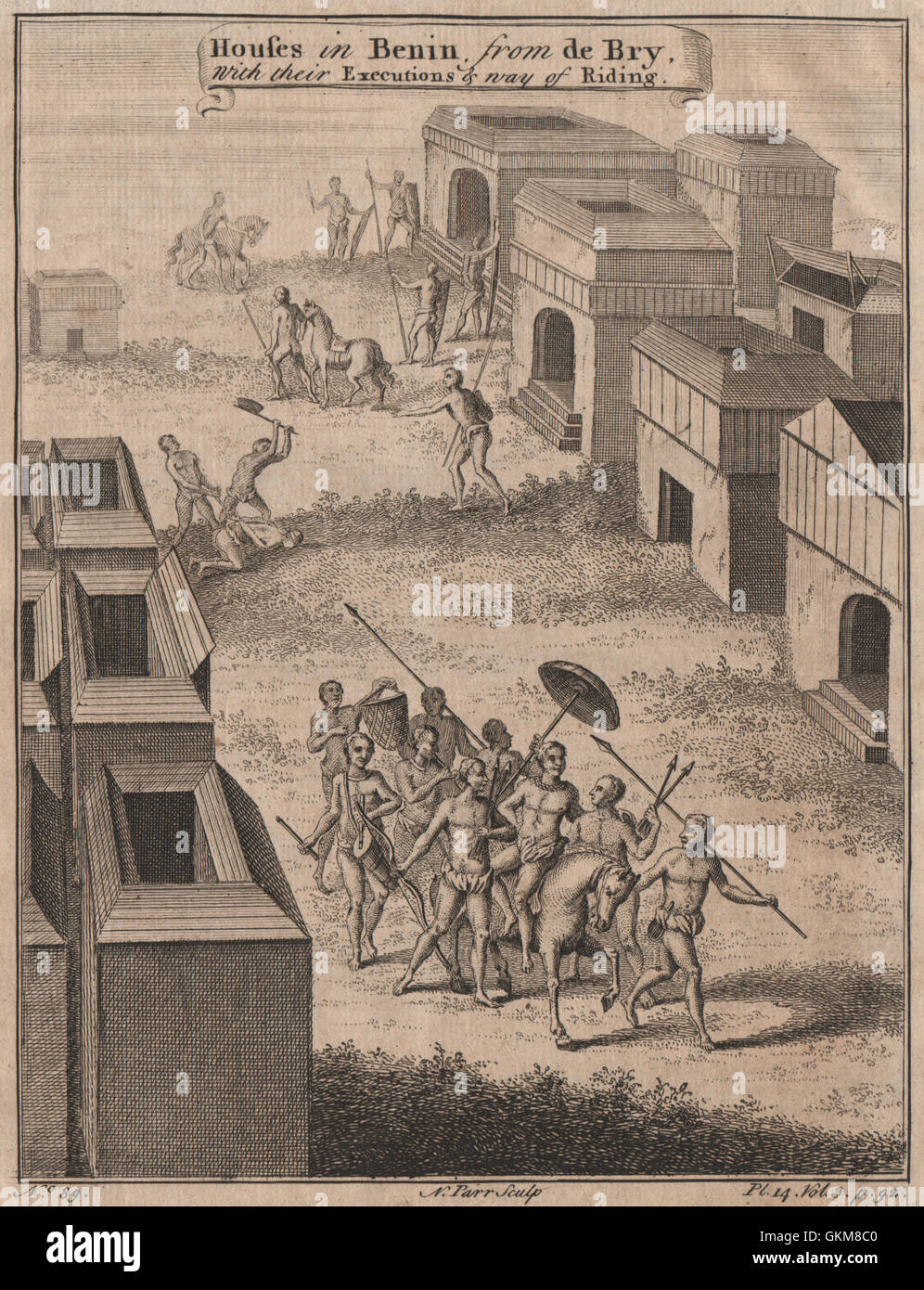 'Houses in BENIN, with thier executions & way of Riding'. After DE BRY, 1746 Stock Photo