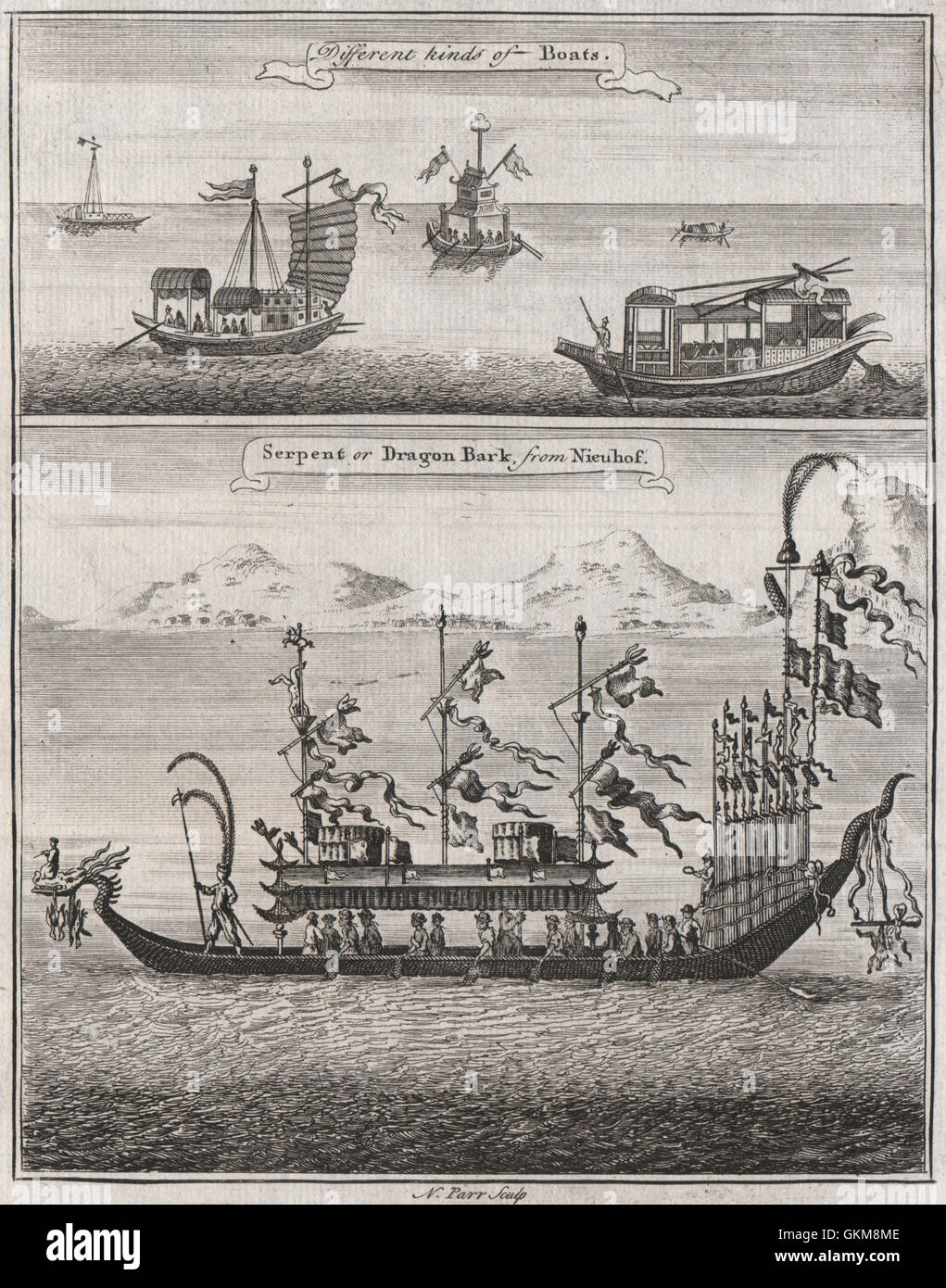 CHINESE BOATS. 'Serpent or Dragon Bark'. Dragon boat. After NIEUHOF, 1746 Stock Photo