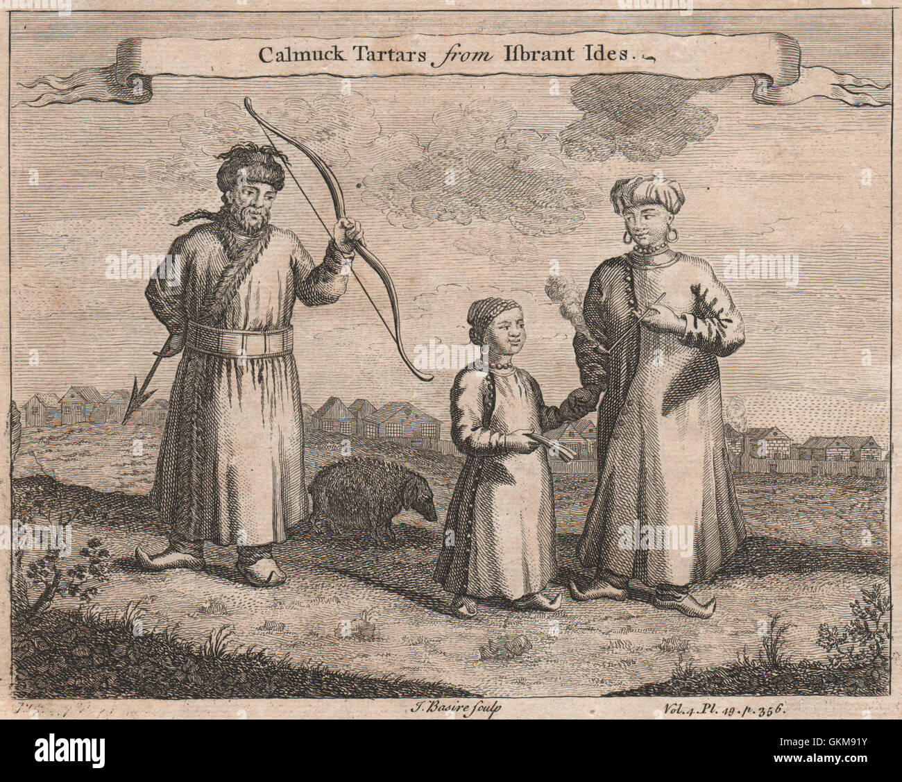 RUSSIA. 'Calmuck Tartars'. Kalmyk Tatars. After ISBRANT IDES, old print 1746 Stock Photo