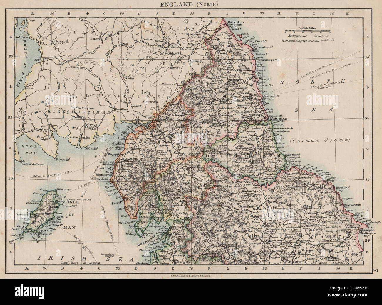 NORTHERN ENGLAND. Northumbs Durham Cumbs Westm N Yorks IOM. JOHNSTON, 1900 map Stock Photo