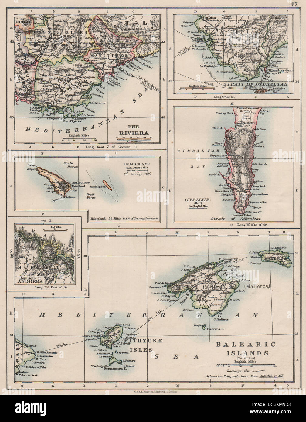 EUROPE.Balearic islands.Heligoland Gibraltar Andorra Riviera.JOHNSTON, 1900 map Stock Photo