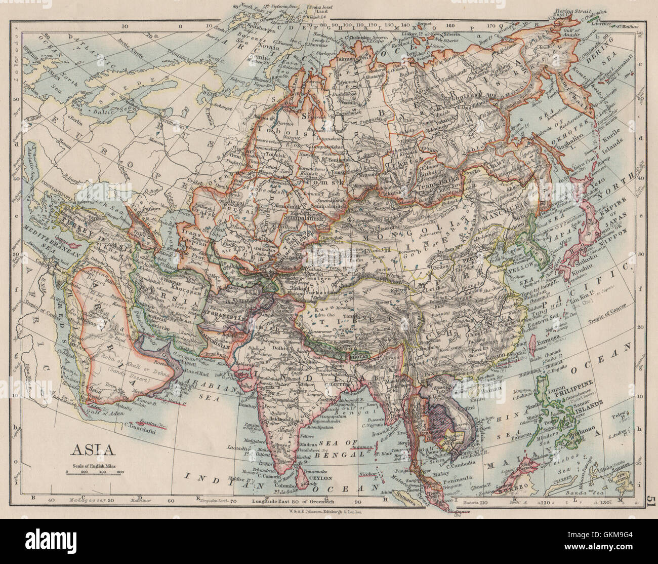 ASIA POLITICAL. Persia Siam Hejaz China Japan Corea Turkestan. JOHNSTON 1900 map Stock Photo