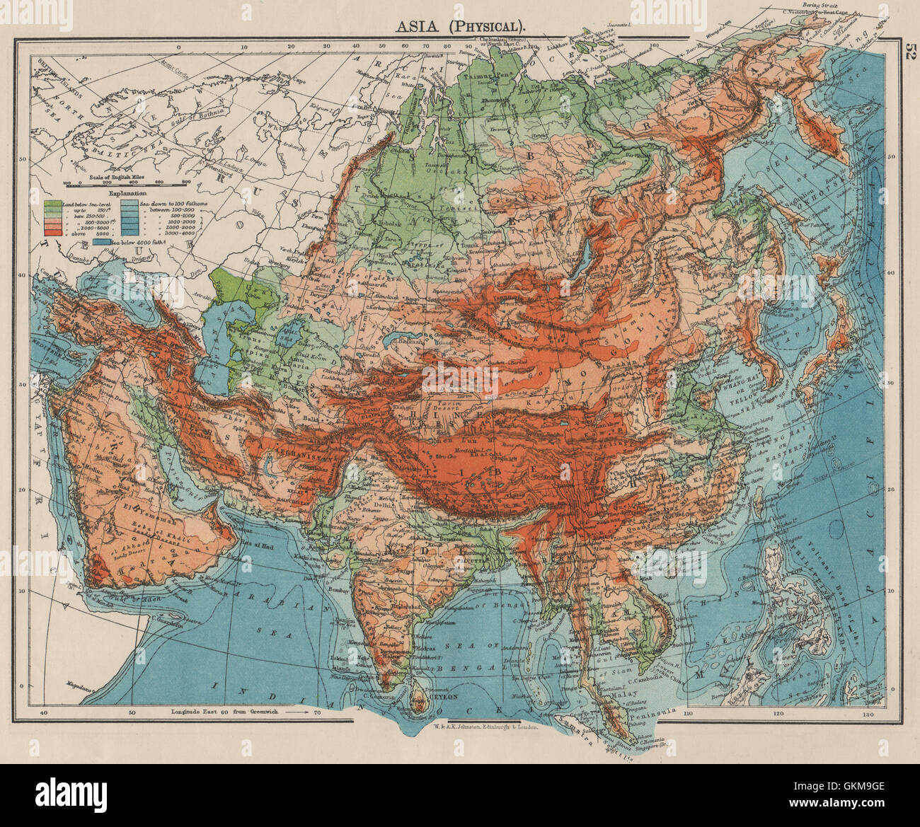 ASIA PHYSICAL. Relief Mountain heights Ocean depths Rivers. JOHNSTON, 1900 map Stock Photo
