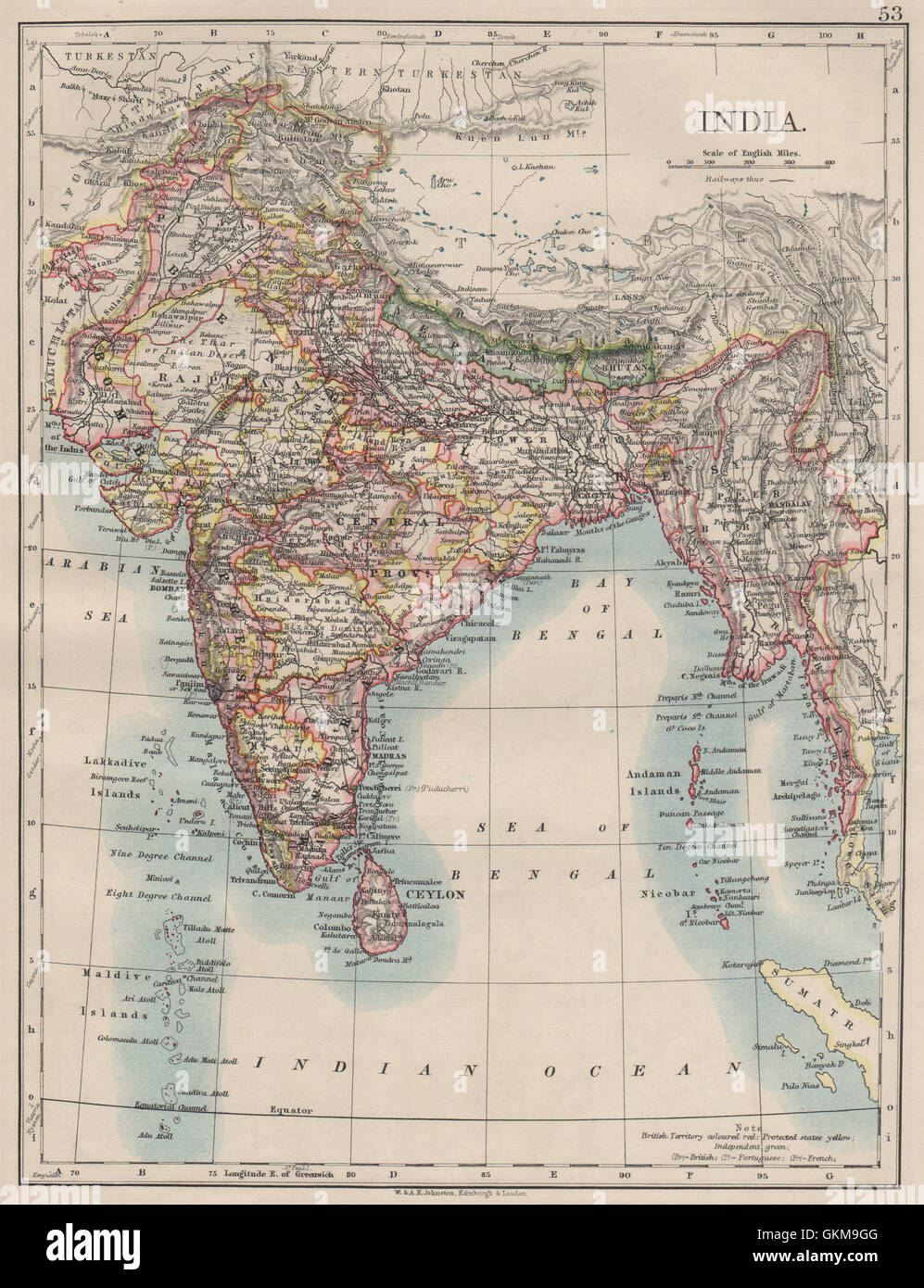 India Map Before 1900 British India. Showing States. Burma Nepal Bhutan Ceylon. Johnston, 1900 Map  Stock Photo - Alamy