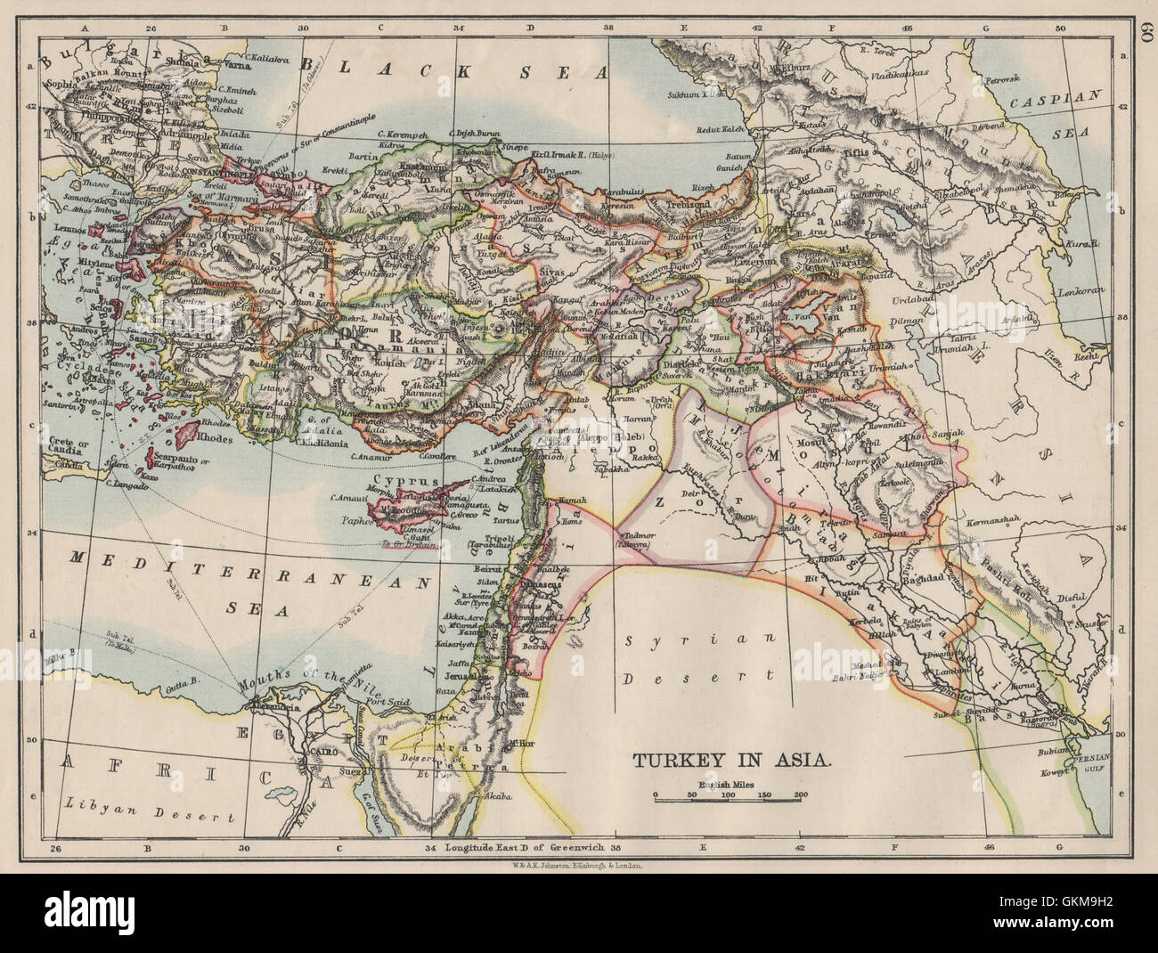 OTTOMAN TURKEY IN ASIA. Cyprus Levant Mesopotamia Palestine. JOHNSTON, 1900 map Stock Photo