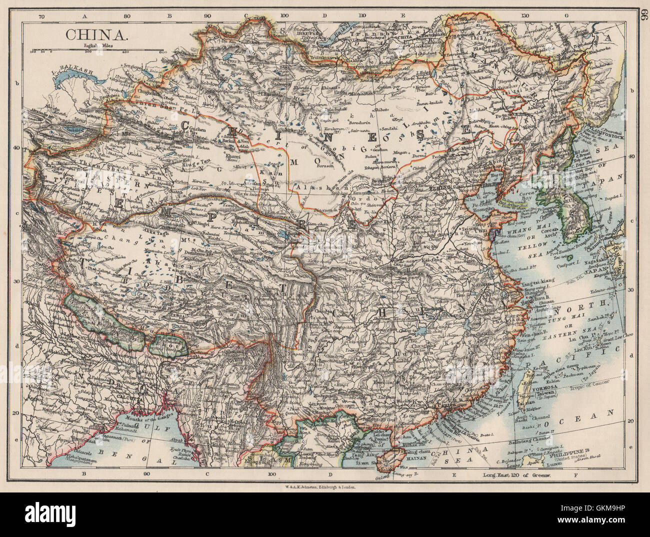 CHINESE EMPIRE. China East Asia Tibet Mongolia East Turkestan Korea, 1900 map Stock Photo