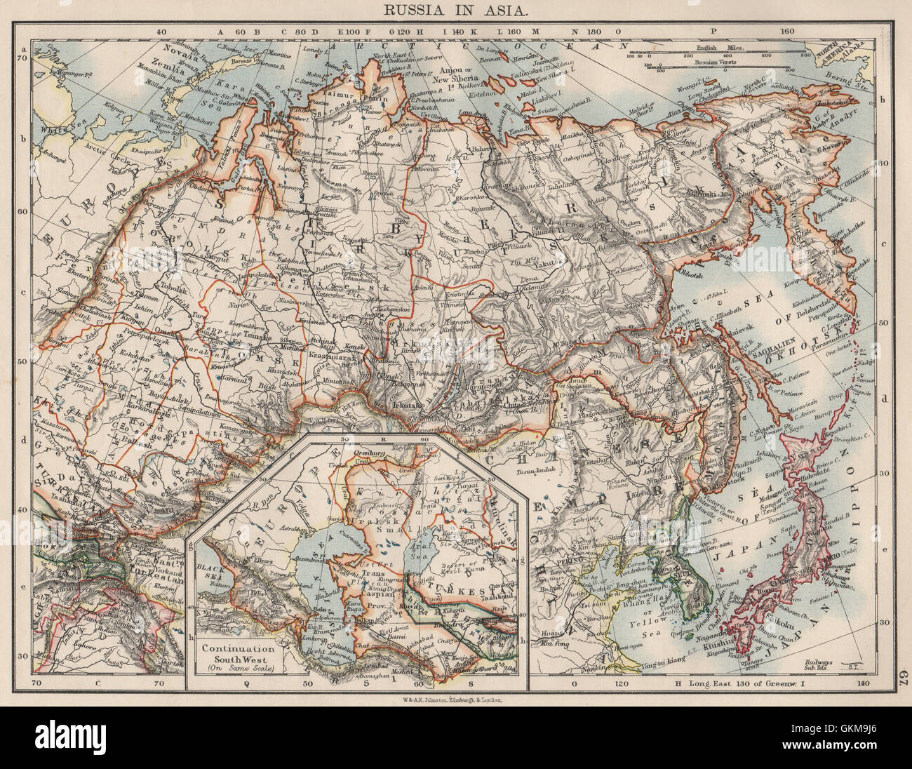 RUSSIA IN ASIA. Shows Trans-Siberian railway under construction , 1900 old map Stock Photo