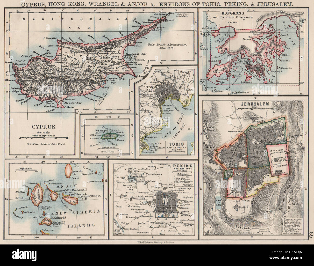 CYPRUS HONG KONG TOKYO PEKING JERUSALEM. City plans. Anzhu islands , 1900 map Stock Photo