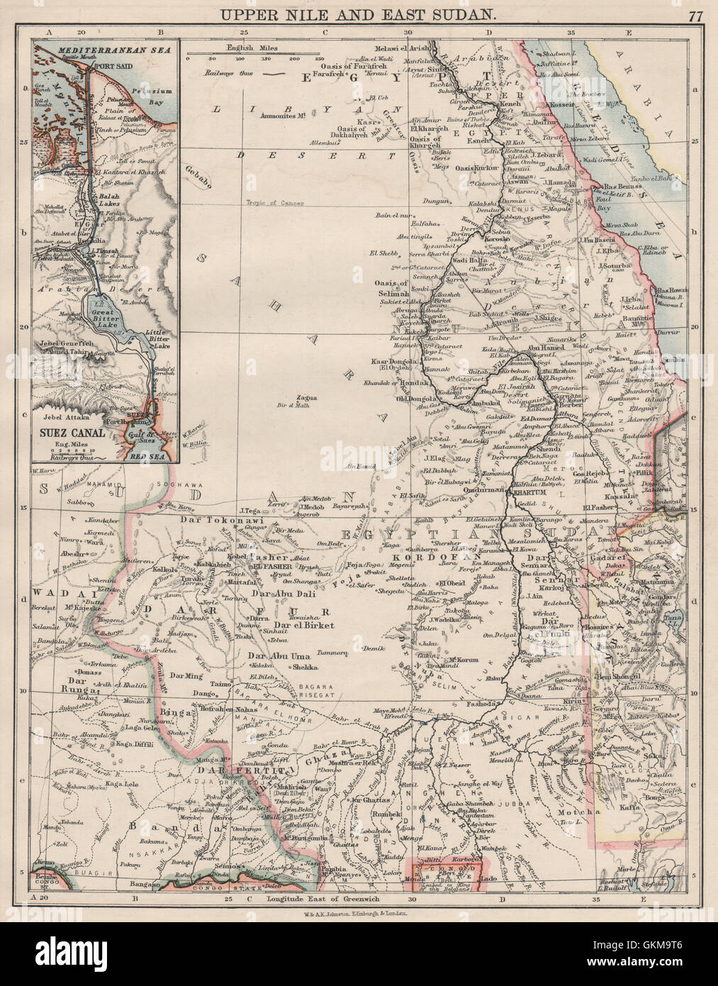 UPPER NILE, EAST SUDAN & SUEZ CANAL. Khartoum.White/Blue Nile. JOHNSTON 1900 map Stock Photo