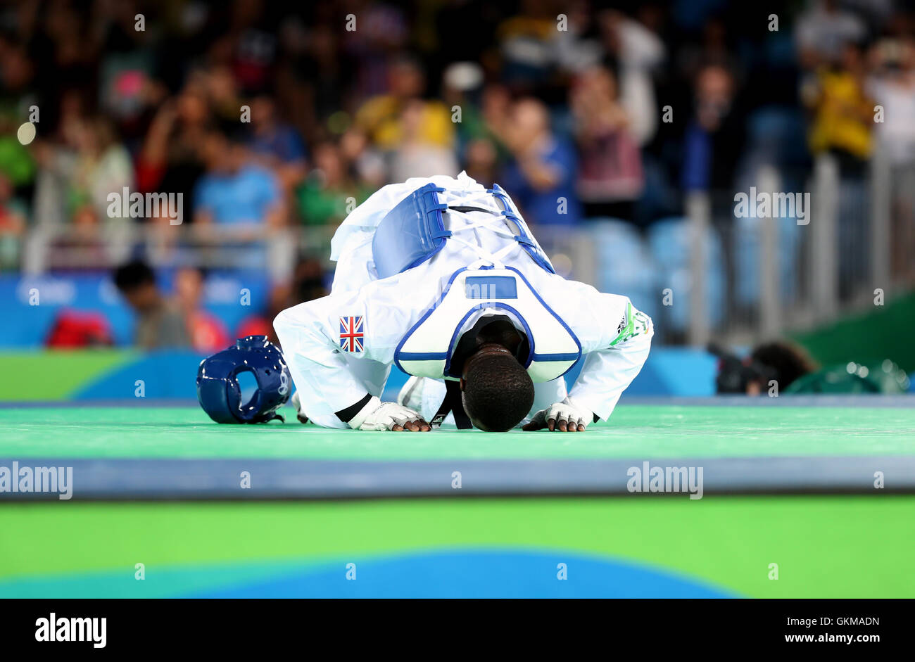 Great Britain's Mahama Cho after losing to Brazil's Maicon Siqueira in the Men's +80kg Taekwondo Bronze medal match at Carioca Arena 3 on the fifteenth day of the Rio Olympic Games, Brazil. Stock Photo