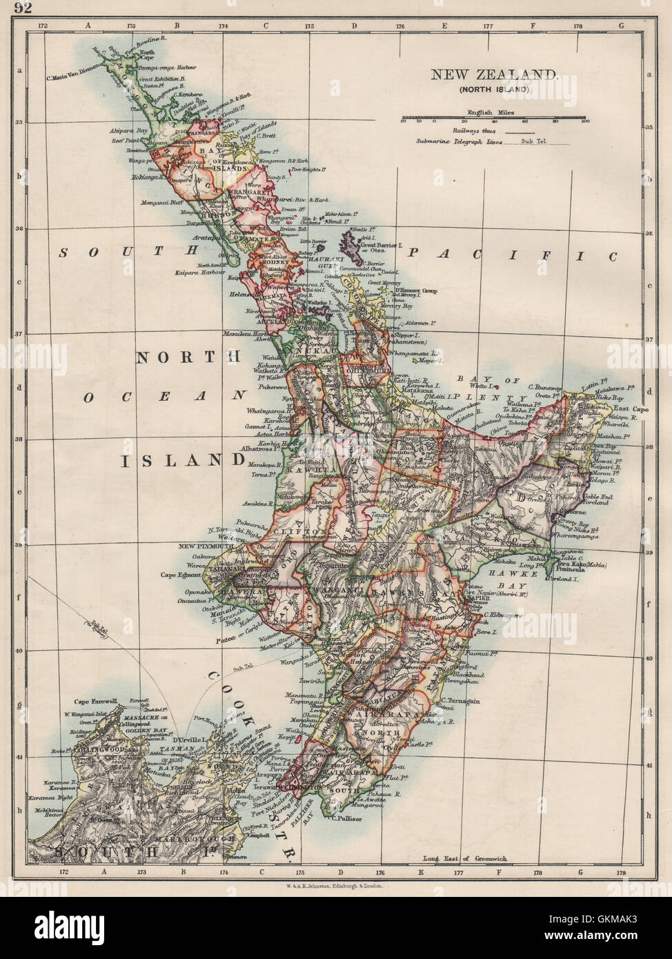 NORTH ISLAND NEW ZEALAND. Showing counties telegraph cables. JOHNSTON