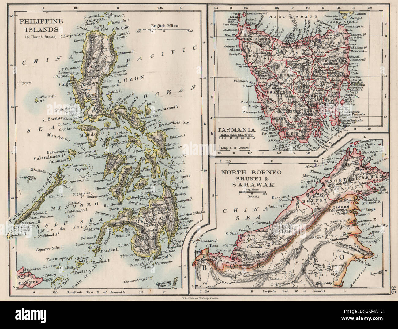 EAST ASIA. Philippines Tasmania North Borneo Brunei Sarawak. JOHNSTON, 1900 map Stock Photo
